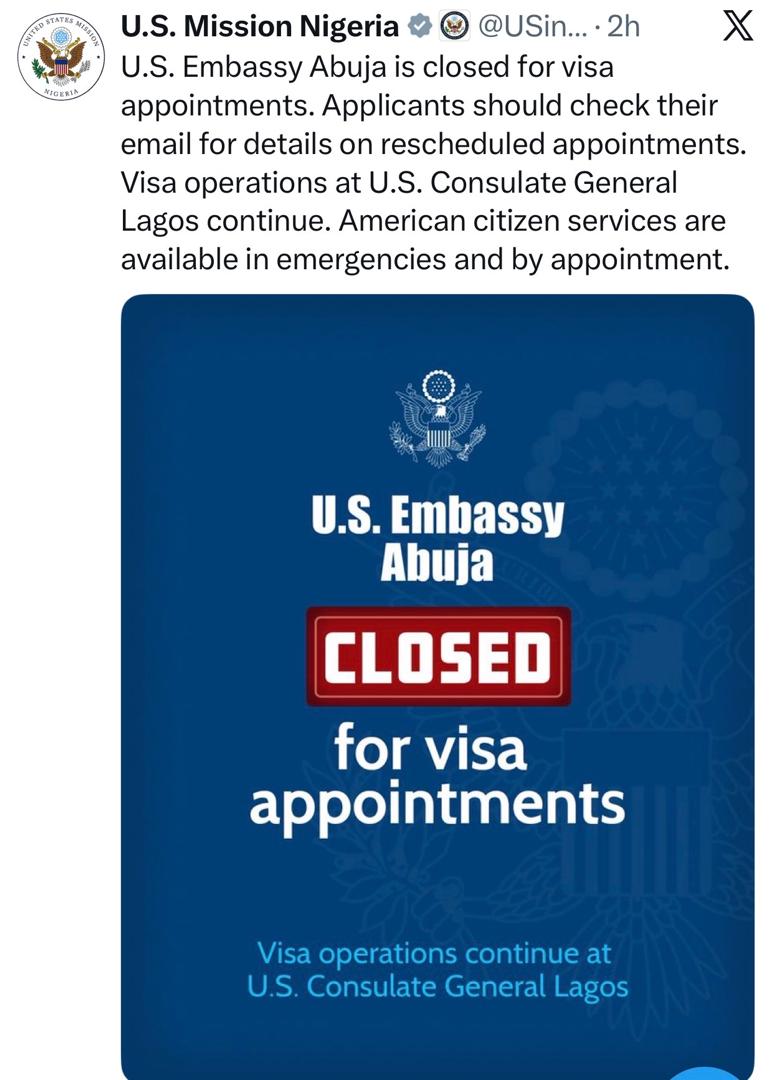 US Embassy Abuja suspends visa appointments hours after issuing travel advisory